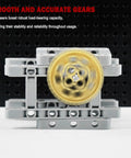Gear Builder Bulk Kit For Brick Creations showing spinning gear on a gray connector assembly with black pegboard backdrop.