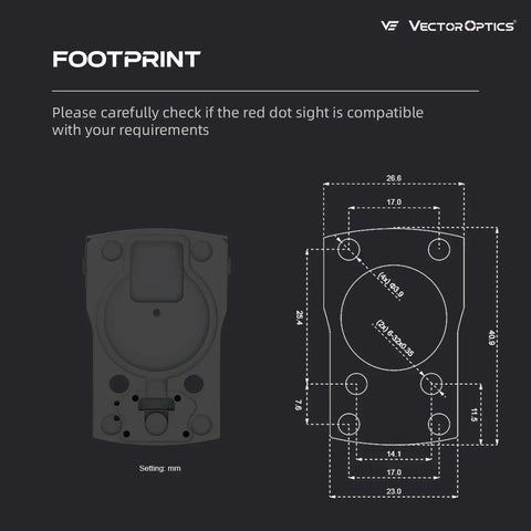 Frenzy 1x17x24 3MOA Red Dot Sight With Slim Profile Pistol Reflex Red Dot Scope Motion Awake For Quick Target Grabs 8 Brightness Levels And 2 Night Vision Settings For Handgun Cut Systems On Matching Plate SCRD43 footprint diagram