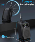 Compact 5W Practice Guitar Amp With Bluetooth And Rechargeable Battery, close-up showing portable size dimensions and weight info.