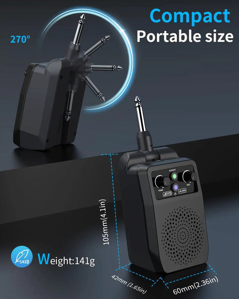 Compact 5W Practice Guitar Amp With Bluetooth And Rechargeable Battery, close-up showing portable size dimensions and weight info.