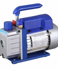 Straight Up Heavy Duty 4.5 CfM HVAC Vacuum Pump Single Stage Rotary Vane 1/3HP Refrigeration Unit in blue and silver.
