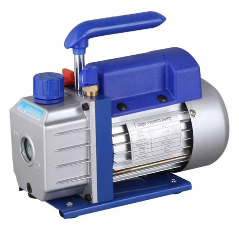 Straight Up Heavy Duty 4.5 CfM HVAC Vacuum Pump Single Stage Rotary Vane 1/3HP Refrigeration Unit in blue and silver.