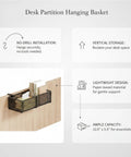 Cubicle Friendly Hanging Basket Organizer for office desk essentials on partition edge, no drilling, vertical storage for tools.