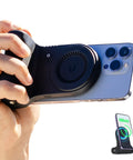 Magnetic Phone Stand Camera Grip With Wireless Charging And Bluetooth Shutter For iPhone held by hand, grip visible