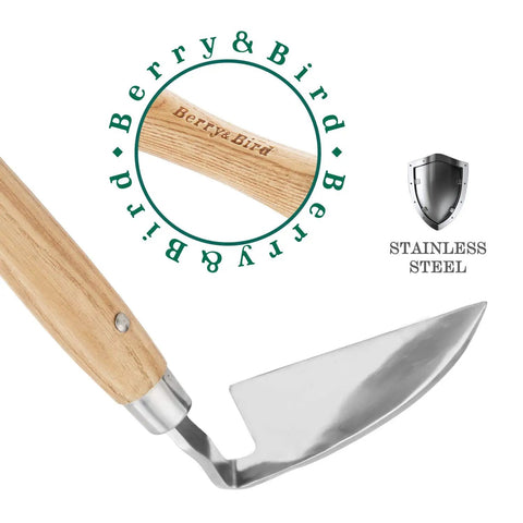 Stainless Steel Bent Angle Gardening Sickle Weed Scraper Hoe With Ergonomic Ash Wood Handle 12.67 Inch Blade