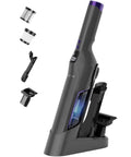 Cordless Handheld Vacuum 24KPa Brushless Motor, Charging Dock, Rechargeable, shown with attachments and docking station, purple