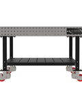 Heavy Duty Mobile Welding Fixture Table, Rock Solid Laser Cut Steel Surface, with locking caster wheels and built-in shelf.