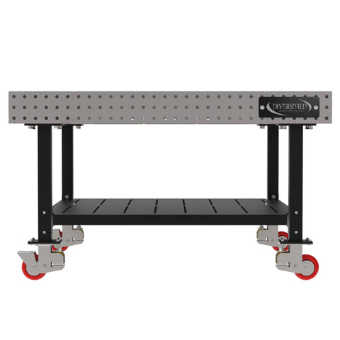 Heavy Duty Mobile Welding Fixture Table, Rock Solid Laser Cut Steel Surface, with locking caster wheels and built-in shelf.