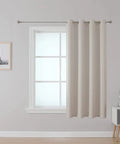 Fire Retardant Blackout Curtain With Grommet Top NFPA 701 Certified Flame Resistant For Dorms And Living Rooms One Panel Light Beige 52 By 63 Inch Ideal For Dorms Pads And Living Spaces installed on window rod