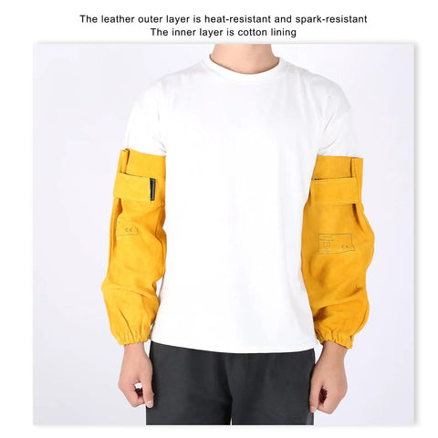 Heavy Duty Cowhide Welding Sleeves Pair Self Adhesive Arm Guards in golden yellow, heat-resistant with cotton lining, worn by a person.
