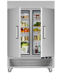 Heavy Duty 49 Cu Ft Commercial Reach In Fridge With WiFi App Controls and stainless steel doors, displaying fresh produce and beverages.