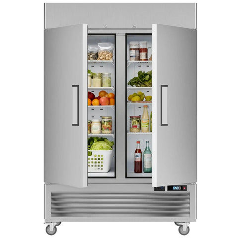 Heavy Duty 49 Cu Ft Commercial Reach In Fridge With WiFi App Controls and stainless steel doors, displaying fresh produce and beverages.