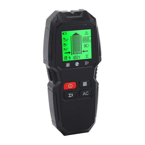 Jiawu Wall Scanner Detector 5 in 1 Accurate LCD Display Stud Finder for DIY Projects Home Use Black, showing a green LCD with buttons.