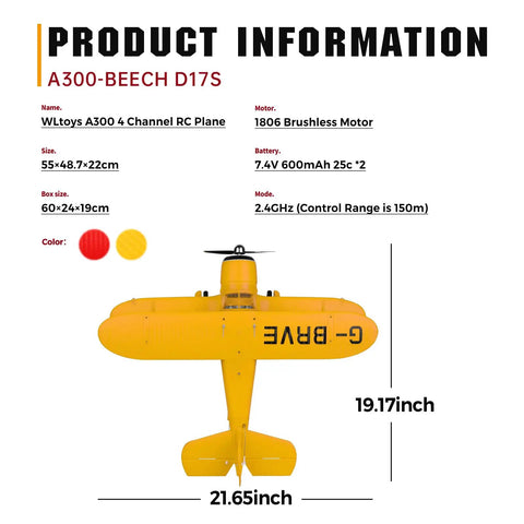 A300 4 Channel RC Plane With Beechcraft D 17 Style Lights with specs, 19.17in length, 21.65in wingspan, top view