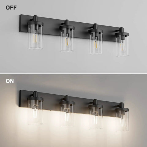 Farmhouse Four Light Matte Black Vanity Light Fixture With Clear Glass Shades For Bathroom Ceiling 33.9 Inch Long Aluminum Construction Perfect For Powder Rooms And Modern Rustic Vibe Bulbs Not Included, showing lights off and on