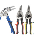 Heavy-Duty 4-Piece Tin Snips And Sheet Metal Bender Set showing 10-Inch Left Right Straight Aviation Snips and 3-Inch Offset Hand Seamer