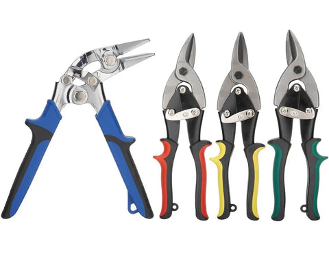 Heavy-Duty 4-Piece Tin Snips And Sheet Metal Bender Set showing 10-Inch Left Right Straight Aviation Snips and 3-Inch Offset Hand Seamer