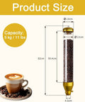 Kickass Wall Mount Coffee Bean Dispenser 10 Liter Clear Acrylic Canister with Airtight Gold Aluminum Lid size and capacity diagram.