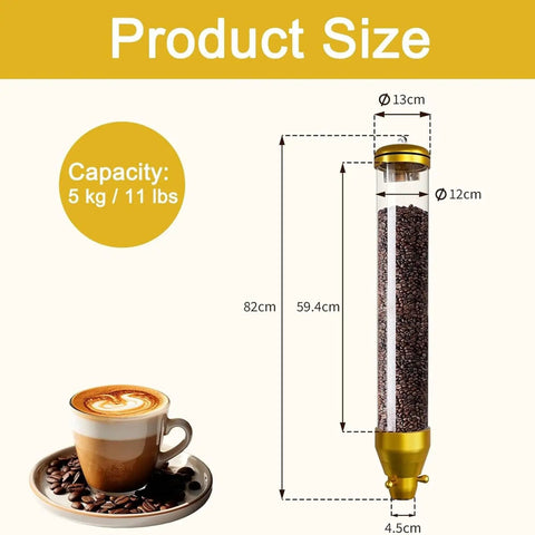 Product size diagram for Wall Mounted Coffee Bean Dispenser With Slick 10 Liter Capacity Clear Acrylic Storage Jar And Gold Aluminum Lid.