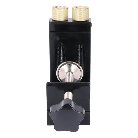 Front view of Aluminum Pocket Hole Jig Set For DIY Woodworking With Inclined Drilling Positioner, black and gold components.