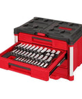 242 Piece Tough As Nails Ratchet And Socket Set Featuring Heavy Duty Chrome And Impact Bits With 90 Tooth Swivel Gears For Tight Cramped Spots Plus Four Drawer Modular Tool Chest For Quick Access with drawer open showing chrome sockets.