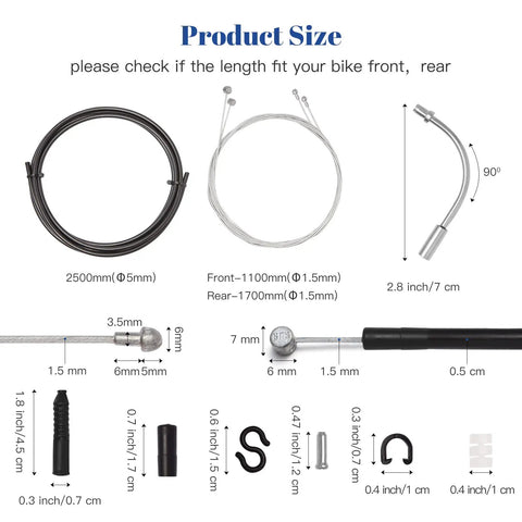 Bike Brake Cable Housing Kit With Complete 5mm Brake Line Set 2.5m with components and dimensions shown in detail