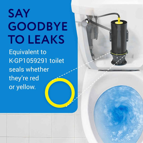 Two Pack Yellow Canister Flush Valve Seal Kit For Kohler Toilets Replacement Ring And Gasket Fits K-GP1059291, image of seal in toilet.