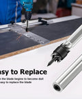 14-Piece Car Spot Weld Cutter Set With 3/8 Inch HSS Drill Bits in use for weld removal on metal surface