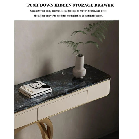 Dead Fresh Modern Console Table With Two Sneaky Push Down Drawers Heavy Duty Industrial Metal Frame Entryway Stand Goes Hard Behind The Couch In Sleek Black Finish Style with hidden drawer and decorative vase.