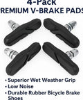 4-pack of all-weather bike brake pads with grippy non-slip braking for MTB BMX road bikes, easy install durable rubber brake shoes