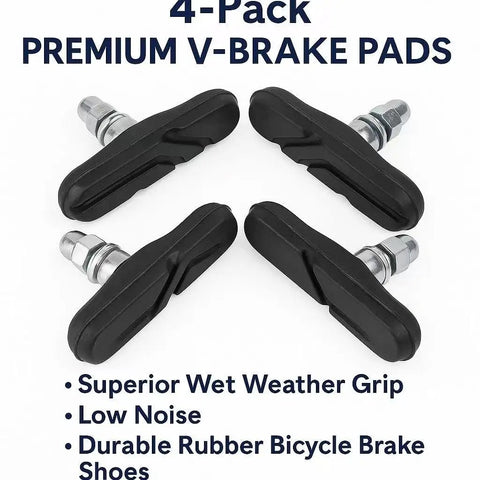 4-pack of all-weather bike brake pads with grippy non-slip braking for MTB BMX road bikes, easy install durable rubber brake shoes