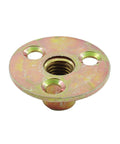 Bulletproof Screw In Tee Nuts M10 Three Eighth Inch Zinc Plated Carbon Steel Flange Insert with drilled holes for fastening.