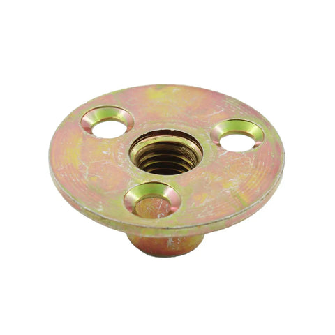 Bulletproof Screw In Tee Nuts M10 Three Eighth Inch Zinc Plated Carbon Steel Flange Insert with drilled holes for fastening.
