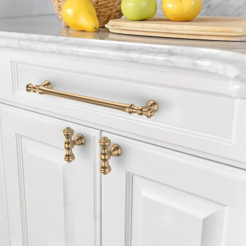 Champagne Bronze Cabinet Pulls 10 Pack, 7.5 Inch Hole Center Kitchen Handles on white cabinet in modern kitchen setting