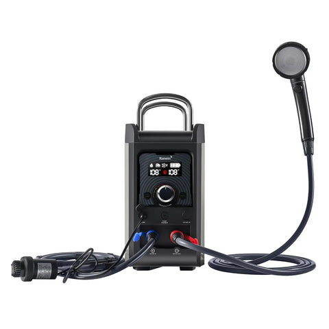 Front view of Go To Portable Propane Water Heater For Camping With On Demand Outdoor Hot Shower, Rechargeable 4000mAh Battery, hoses visible