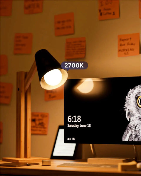 10 Pack A19 LED Light Bulbs 2700K Soft White, 250 Lumens, E26 Medium Base illuminating a desk with computer setup
