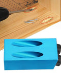 Pocket Hole Jig Kit For Woodworking With 15 Degree Oblique Hole Locator, aluminum alloy body displayed near drilled wood and screws.