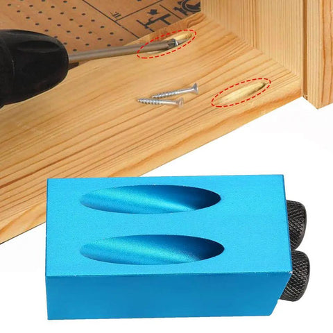 Pocket Hole Jig Kit For Woodworking With 15 Degree Oblique Hole Locator, aluminum alloy body displayed near drilled wood and screws.
