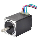 Front view of black NEMA 11 bipolar stepper motor with four color-coded leads.