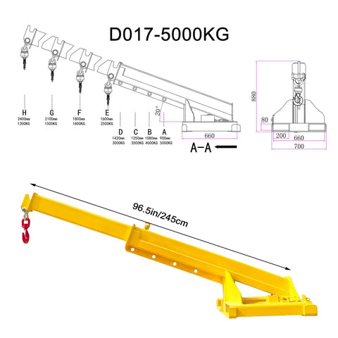 Beat Down Tough 11000 Lb Forklift Jib Boom Crane Telescopic Lifting Hoist Attachment with detailed measurements.