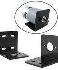 Pair of black L-shaped motor mounting brackets with multiple holes for Micro 775 DC motors.