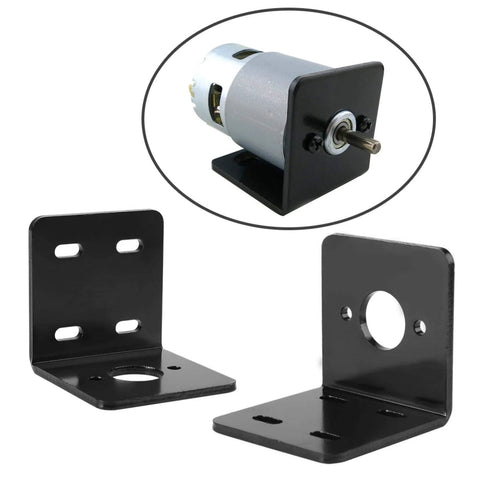 Pair of black L-shaped motor mounting brackets with multiple holes for Micro 775 DC motors.