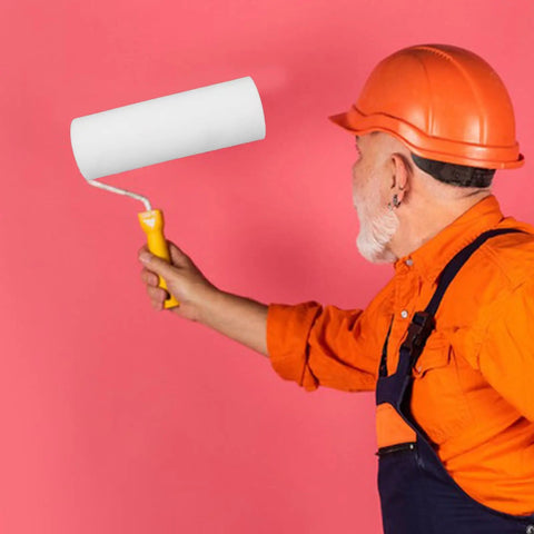 Pro Sponge Paint Roller Brush Head For Wall Edges And Trim Work With Grip Tight Ergonomic Handle White Nitchy Grichy Foam Roller held by a worker.