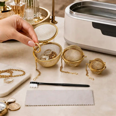 Slick All In One Jewelry Cleaning Kit Featuring Three Stainless Steel Ultrasonic Baskets and detail brush on a table.