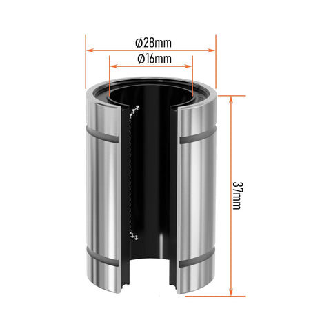 Open Type LM16UUOP Linear Ball Bearing 16mm Bore 28mm OD 37mm Length for CNC and 3D Printer Motion Rails, showing dimensions.