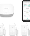 YoLink smart wireless thermometer hygrometer 3-pack with hub and smartphone app display.