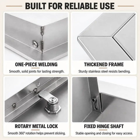 Built Tough Stainless Steel Drywall Access Door 28 By 28 Inch with one-piece welding, thickened frame, rotary lock, and fixed hinge.