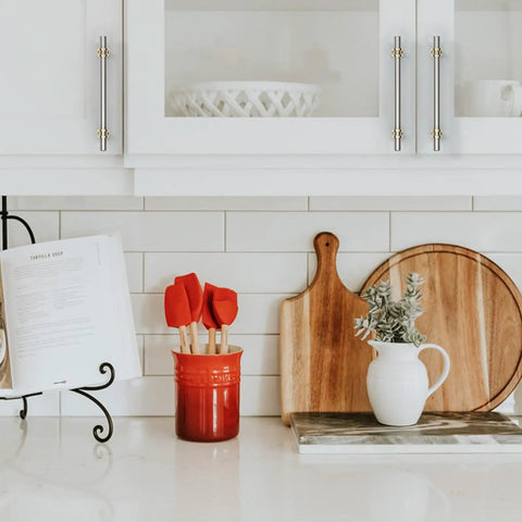 Kitchen with Six Pack 5 Inch 128mm Gold and Brushed Satin Nickel Cabinet Pulls Heavy Duty Solid Kitchen Handles visible on cabinets.