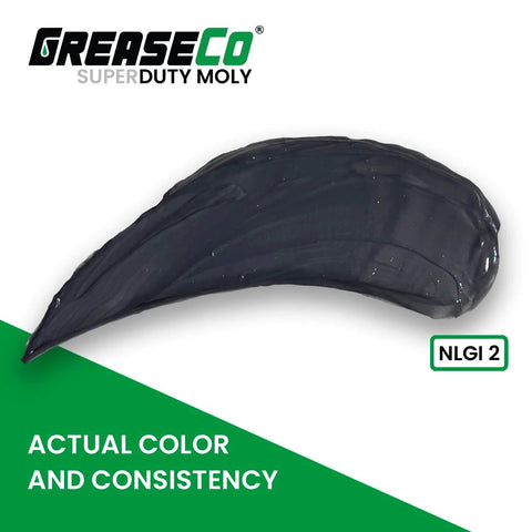 Image of Extreme Duty Moly Grease showing actual color and consistency, labeled NLGI Grade 2, single cartridge for grease gun use.