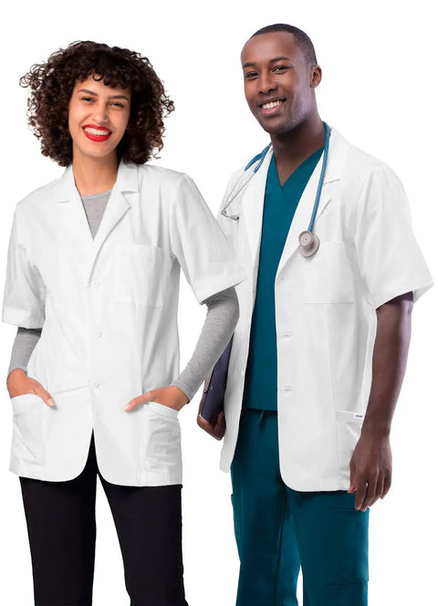 Unisex Short Sleeve Lab Coat, 31 Inch Length, White, Rugged Stitching, Back Midriff Detail, Durable Medical Grade Fabric, 2 Angled Lower Pockets and 1 Chest Pocket, Perfect Workwear For Medical Pros
